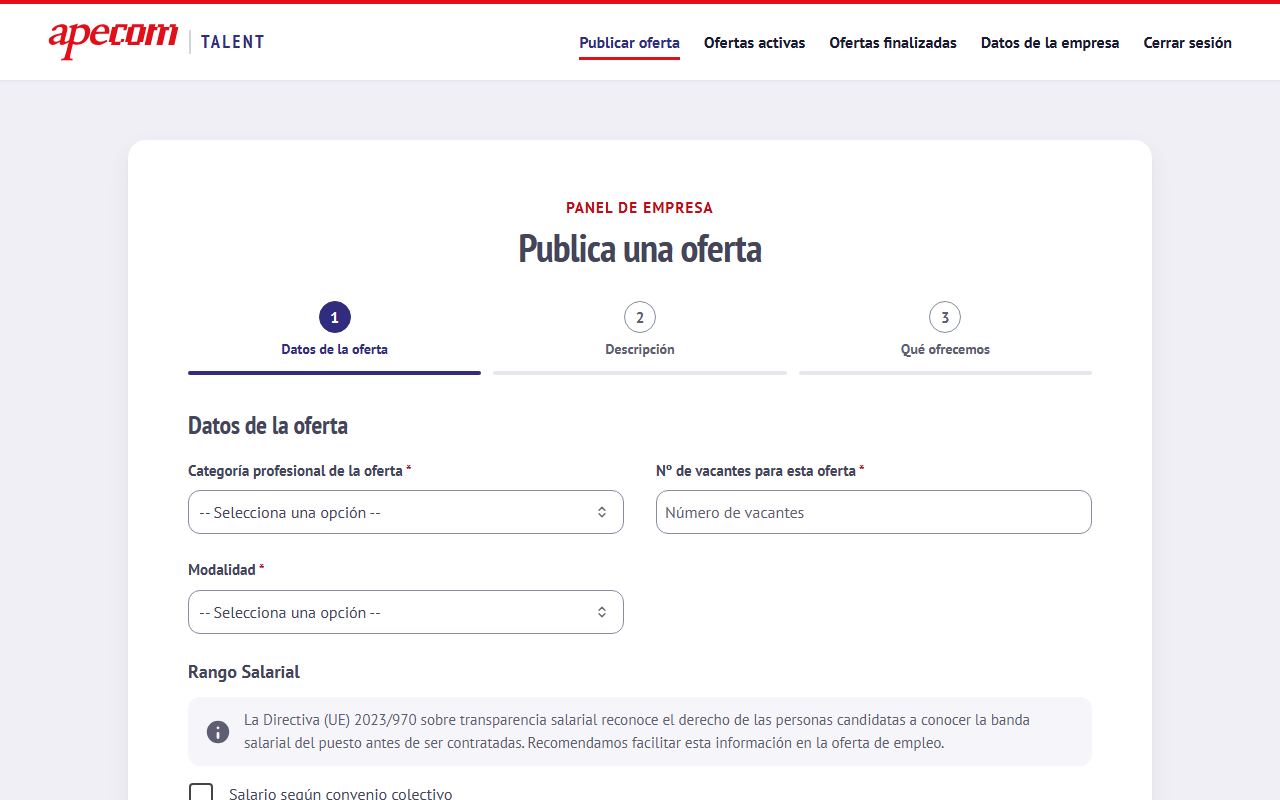Formulario para publicar una oferta