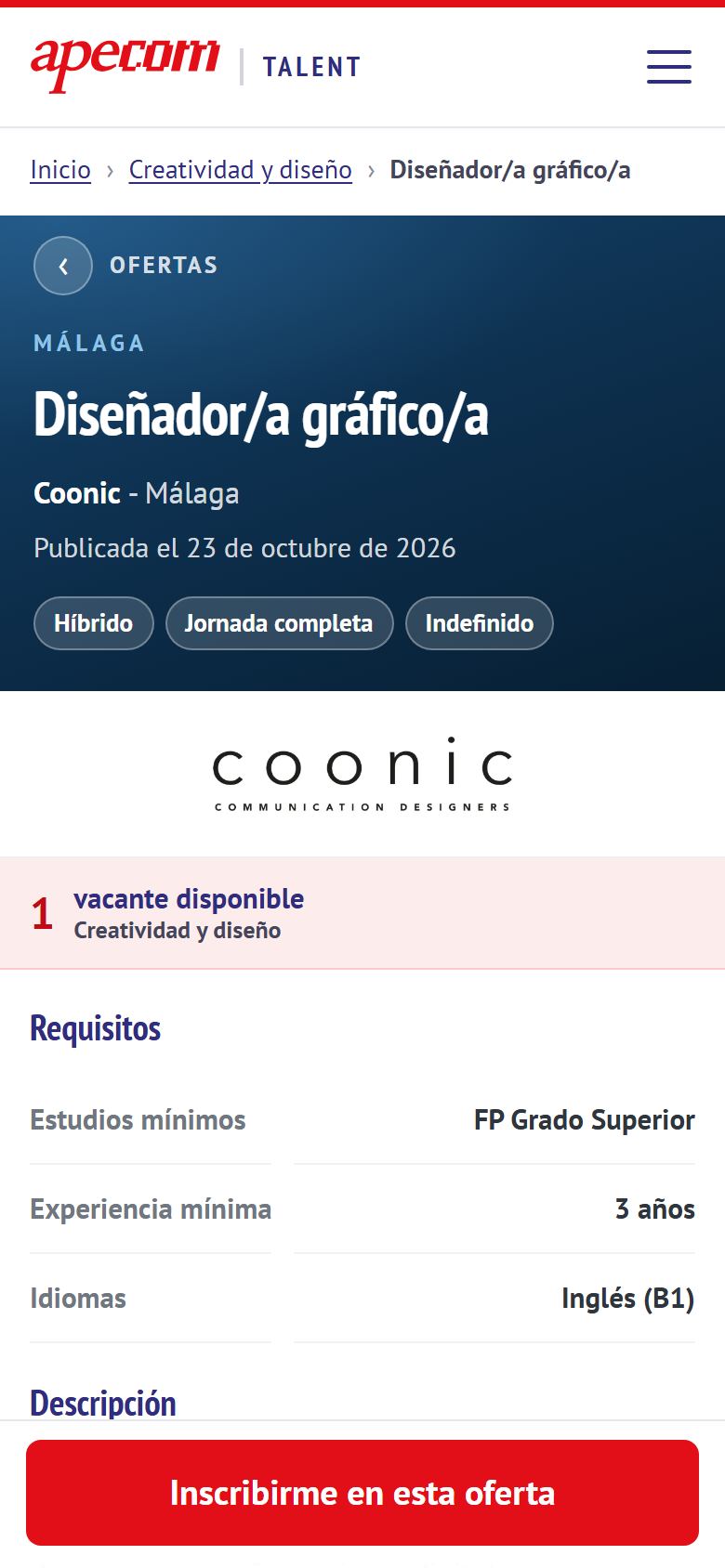 Ficha de oferta en el móvil
