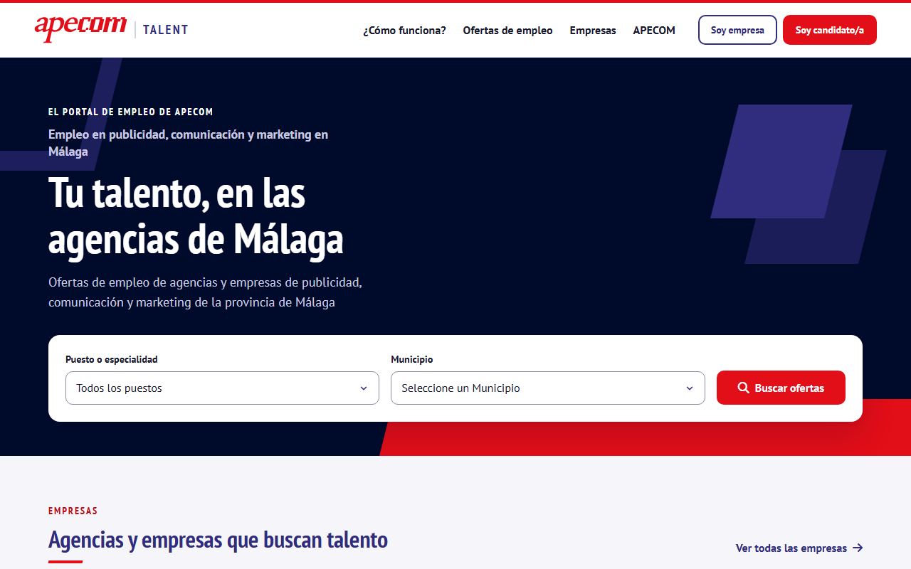 Portada de APECOM Talent con el buscador de ofertas