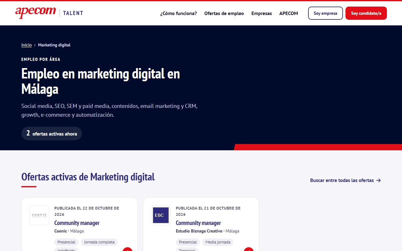 Página de empleo en marketing digital
